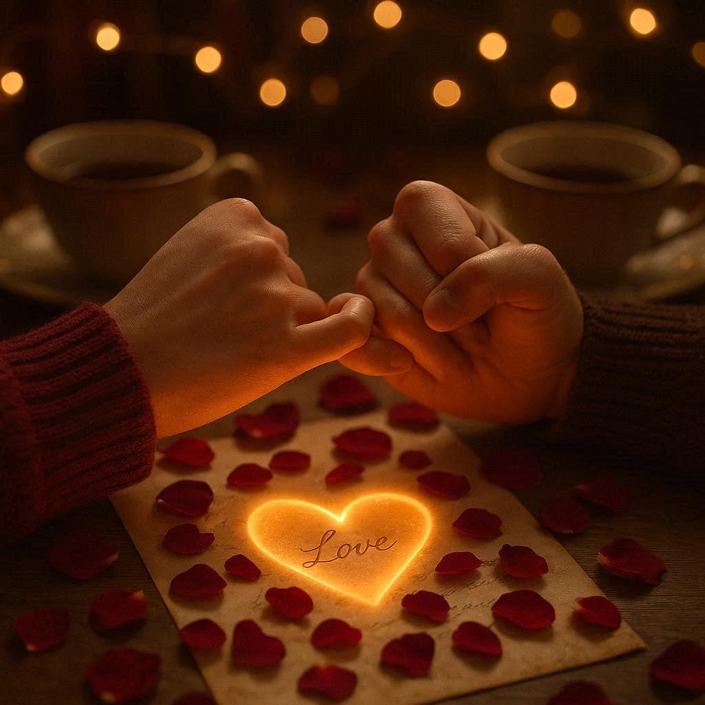 Close-up of two pairs of hands linking pinky fingers over a shared vintage love letter that transforms into a soft glowing heart of warm candlelight and scattered rose petals, wooden table with tea cups, fairy lights in background, burgundy and gold tones, nostalgic romantic atmosphere, heartfelt connection, soft focus, cozy Valentine's vibe, detailed textures